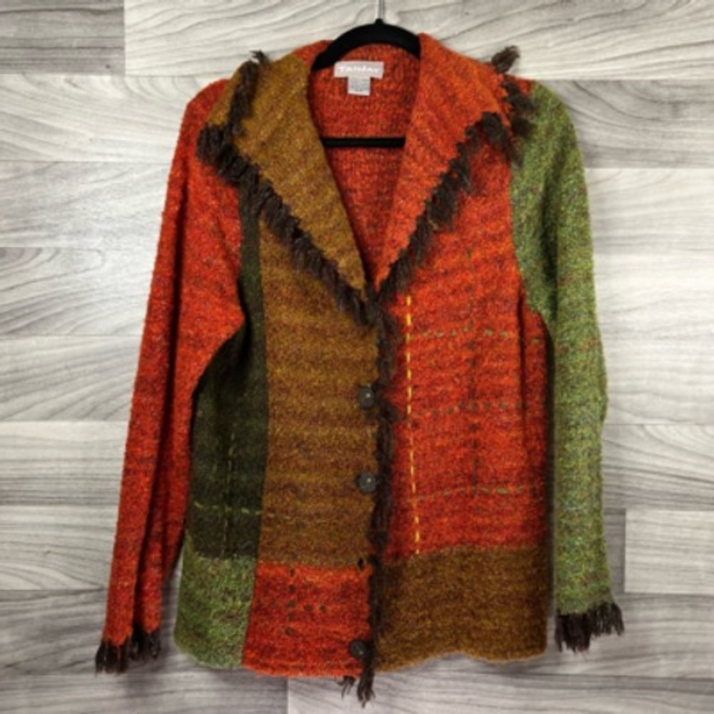 TanJay Womens Cardigan Sweater Multicolor Color Block Fringes Collared Button M‎ - Picture 1 of 12